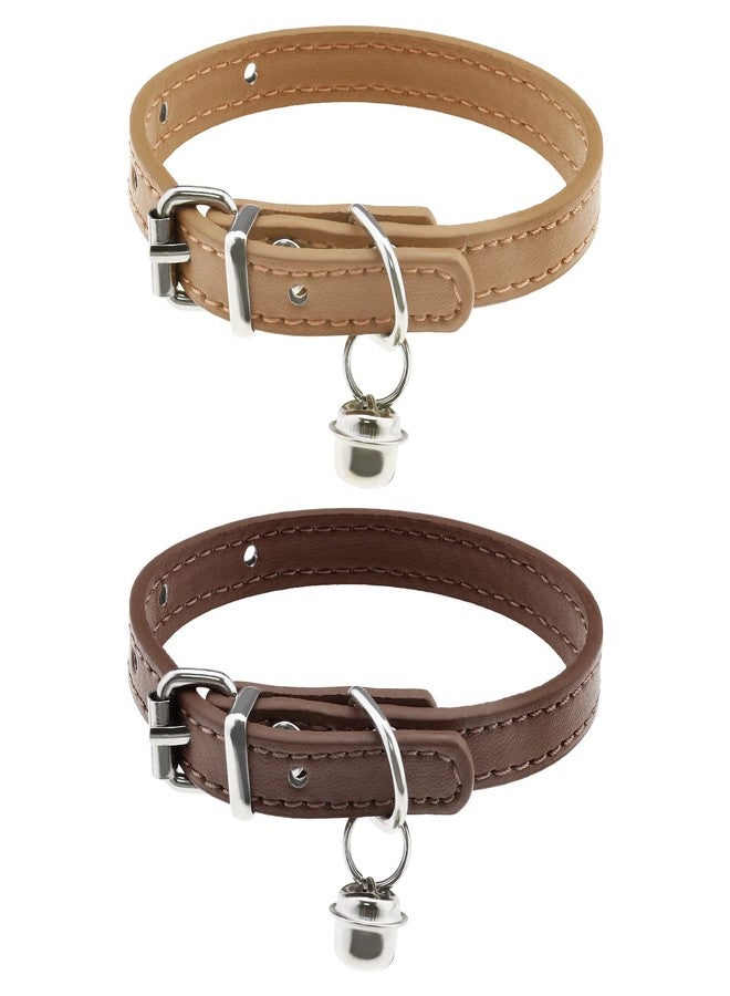 ECSiNG 2PCS Cat Collar with Bell PU Leather Comfortable Kitten Collars for 15~23cm Neck Size Adjustable Length Small Pets Supplies 1cm Width Coffee & Khaki - Image 1